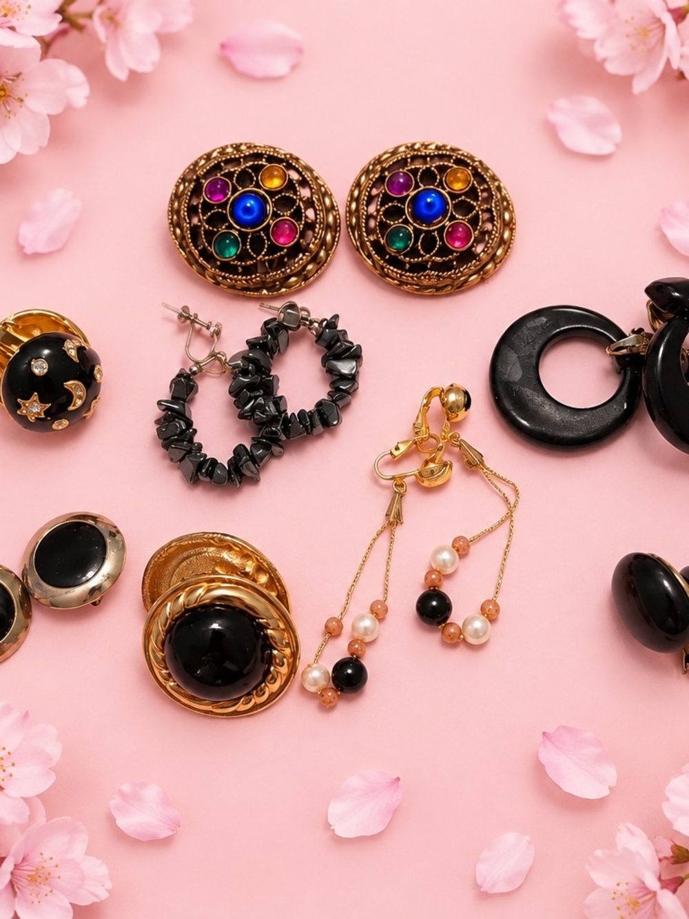 Gold-Tone Multicolor Gem & Black Enamel Earrings Set Of 8- Clip-On/Screwback.